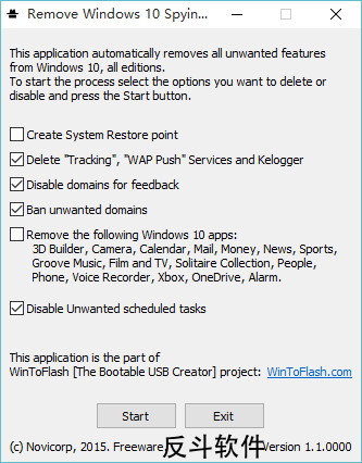 Remove Windows 10 Spying Features - 禁用 Windows 10 追踪功能以及卸载系统预装应用丨www.apprcn.com 反斗软件